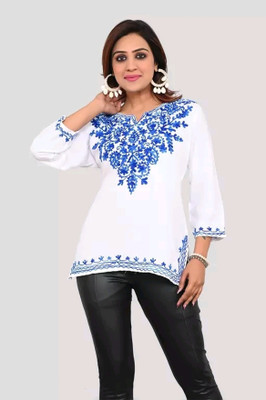 Trendy Mart Women Embroidered, Solid Asymmetric Kurta(White, Blue)