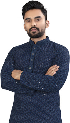 KriKan Men Chikan Embroidery A-line Kurta(Blue)