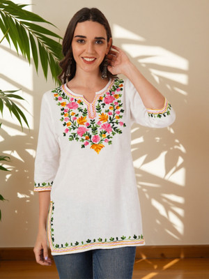 Miss Peach Women Embroidered A-line Kurta(White)