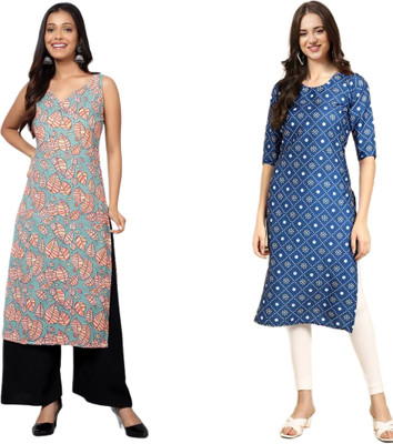 KAUTAQI Women Printed Straight Kurta(Multicolor)