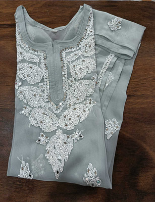 Adab chikan handicraft Women Embroidered A-line Kurta(Grey, White)