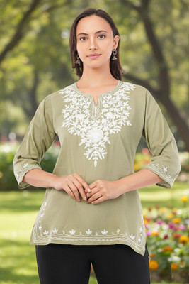 Kronia Women Embroidered Straight Kurta(Light Green)