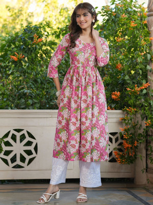 ISRANI Women Printed Anarkali Kurta(Pink)