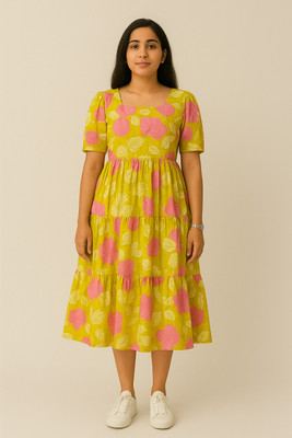 NEW4U Women Printed Flared Kurta(Yellow)