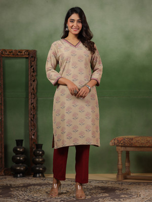 Span Women Floral Print Straight Kurta(Beige)