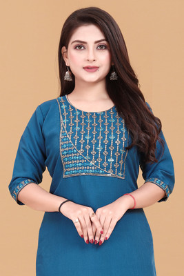TITHIGARMENTS Women Embroidered A-line Kurta(Blue)