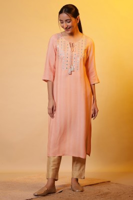 Aurelia Women Embellished Straight Kurta(Pink)