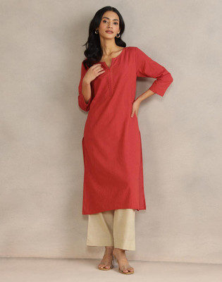 Fabindia Women Embroidered Straight Kurta(Red)