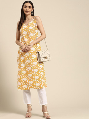 Jixpox Women Floral Print A-line Kurta(Yellow)