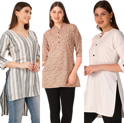 Finekraft Women Solid, Printed, Striped Straight Kurta(White, Grey, Brown)