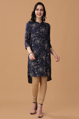 RANGRIWAZ Women Floral Print A-line Kurta(Dark Blue, White, Beige)
