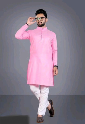 HEENGSHI Men Solid Straight Kurta(Pink)
