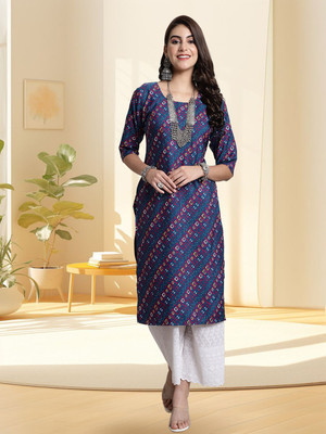 EthnicBasket Women Printed Straight Kurta(Dark Blue)