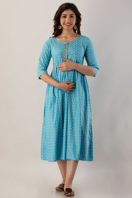 Henal Women Printed Flared Kurta(Light Blue)