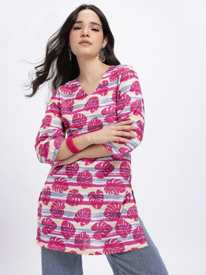 Anouk Rustic Women Printed Straight Kurta(Pink, Grey)