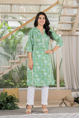 The Shiman Collection Women Floral Print Straight Kurta(Green)