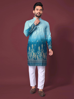 CRYSTALREVENUE Men Printed Straight Kurta(Blue)