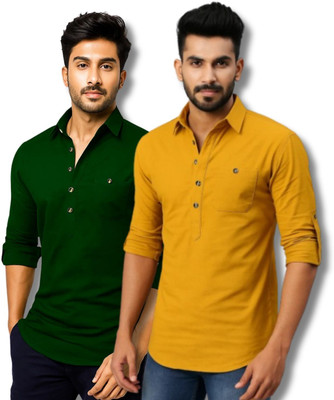 ClothTheory Men Solid Straight Kurta(Green, Yellow)