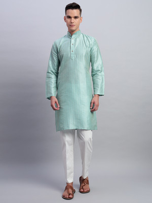 rutva Men Striped Straight Kurta(Light Blue)