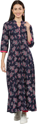 HOTSWAG Women Block Print Anarkali Kurta(Dark Blue, White, Pink)