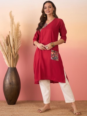 InWeave Women Solid Straight Kurta(Maroon)