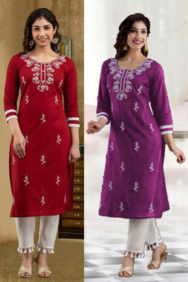 vikshi Women Chikan Embroidery Straight Kurta(Multicolor)