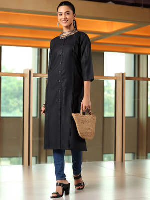LIBAS Women Solid Straight Kurta(Black)