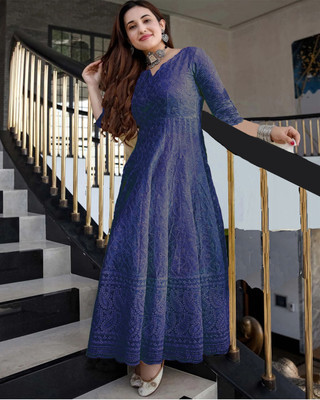 ZAZADIYA IMPEX Women Chikan Embroidery Anarkali Kurta(Blue)