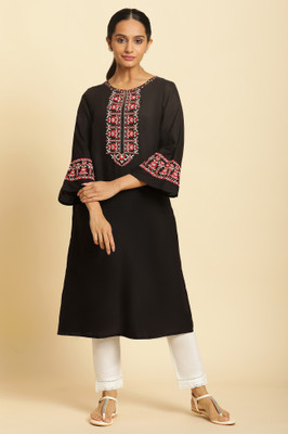W Women Embroidered A-line Kurta(Black)