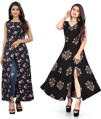 tanvi creation Women Printed Frontslit Kurta(Black)