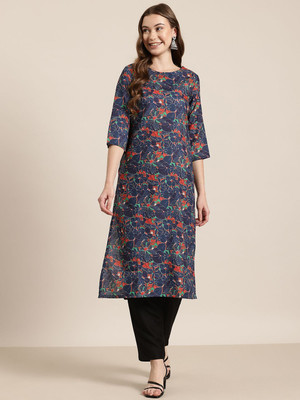 HERE&NOW Women Floral Print A-line Kurta(Blue)
