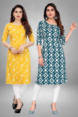 MARIDI FASHION Women Printed Straight Kurta(Yellow, White, Blue)