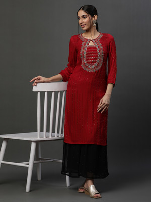 Aurelia Women Geometric Print Straight Kurta(Red)