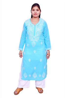 Ah creation Women Chikan Embroidery Ethnic Dress Kurta(Blue)