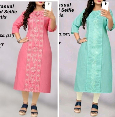 Ladylaz Women Embroidered Straight Kurta(Light Blue, Pink)
