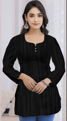 S A AFSRA Women Striped A-line Kurta(Black)