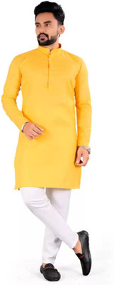 Svatantra Men Solid Straight Kurta(Yellow)