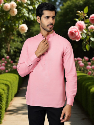 FireFish Men Solid A-line Kurta(Pink)