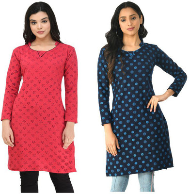 MTI FASHIONS Women Floral Print A-line Kurta(Light Blue, Pink)