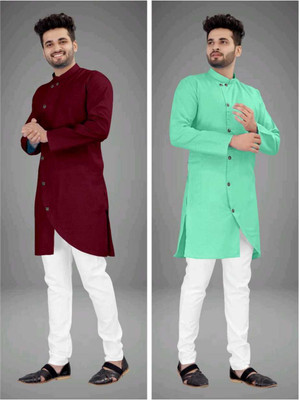 CRYSTALREVENUE Men Solid Trail Cut Kurta(Multicolor)