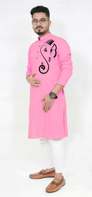 Rainbow Cloths Men Printed Straight Kurta(Pink)