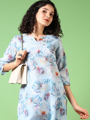 V-MART Women Printed A-line Kurta(Light Blue)