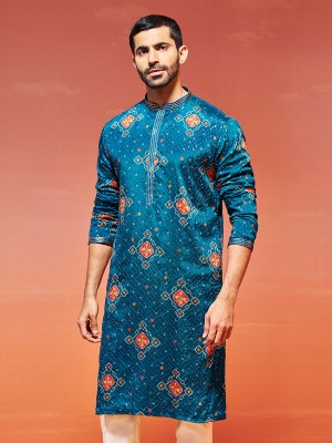 VASTRAMAY Men Embroidered, Printed Straight Kurta(Blue)