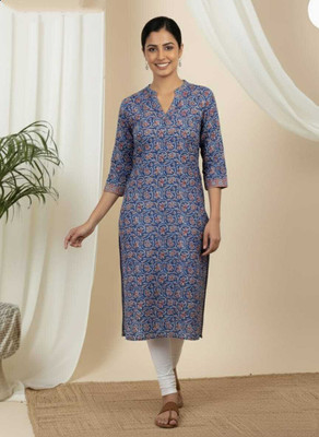 Culture Tradition Women Block Print, Floral Print, Printed, Embellished, Self Design, Solid, Washed Straight Kurta(Blue, White)