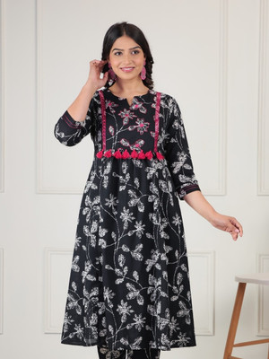 Aramya Women Floral Print Straight Kurta(Black)