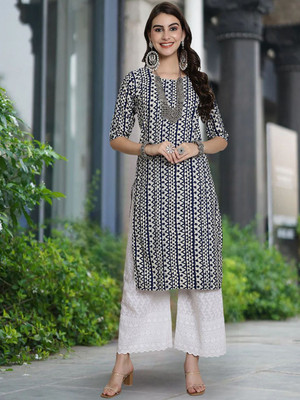 Moda Rapido Women Geometric Print Straight Kurta(White)