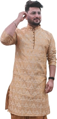 26 i Men Self Design Straight Kurta(Beige, Gold)