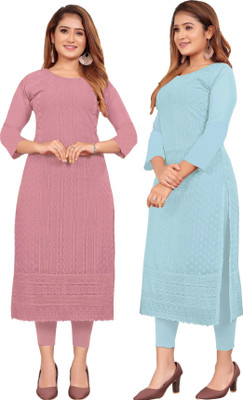 KAYRAAH Women Chikan Embroidery Straight Kurta(Pink, Light Blue)