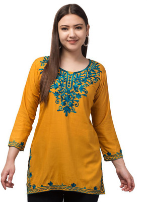 Shafaq enterprises Women Embroidered Straight Kurta(Yellow, Blue)
