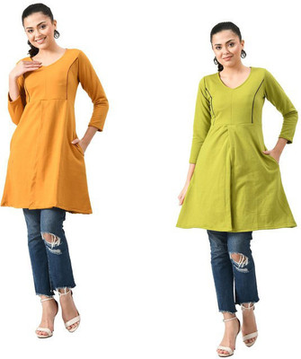 Indeweaves Women Solid A-line Kurta(Yellow, Light Green)